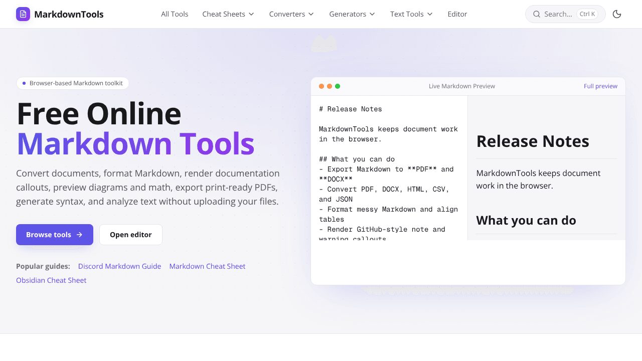 Markdown Tools website screenshot