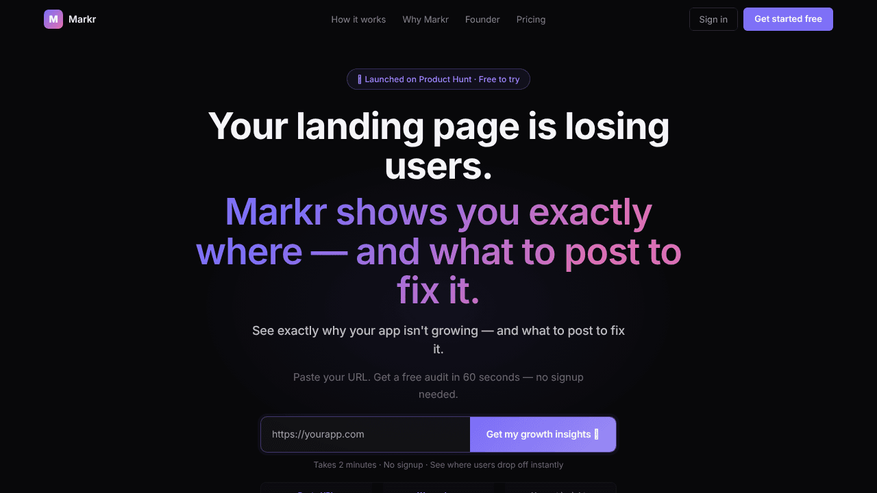 Markr, Growth Intelligence for Founders website screenshot