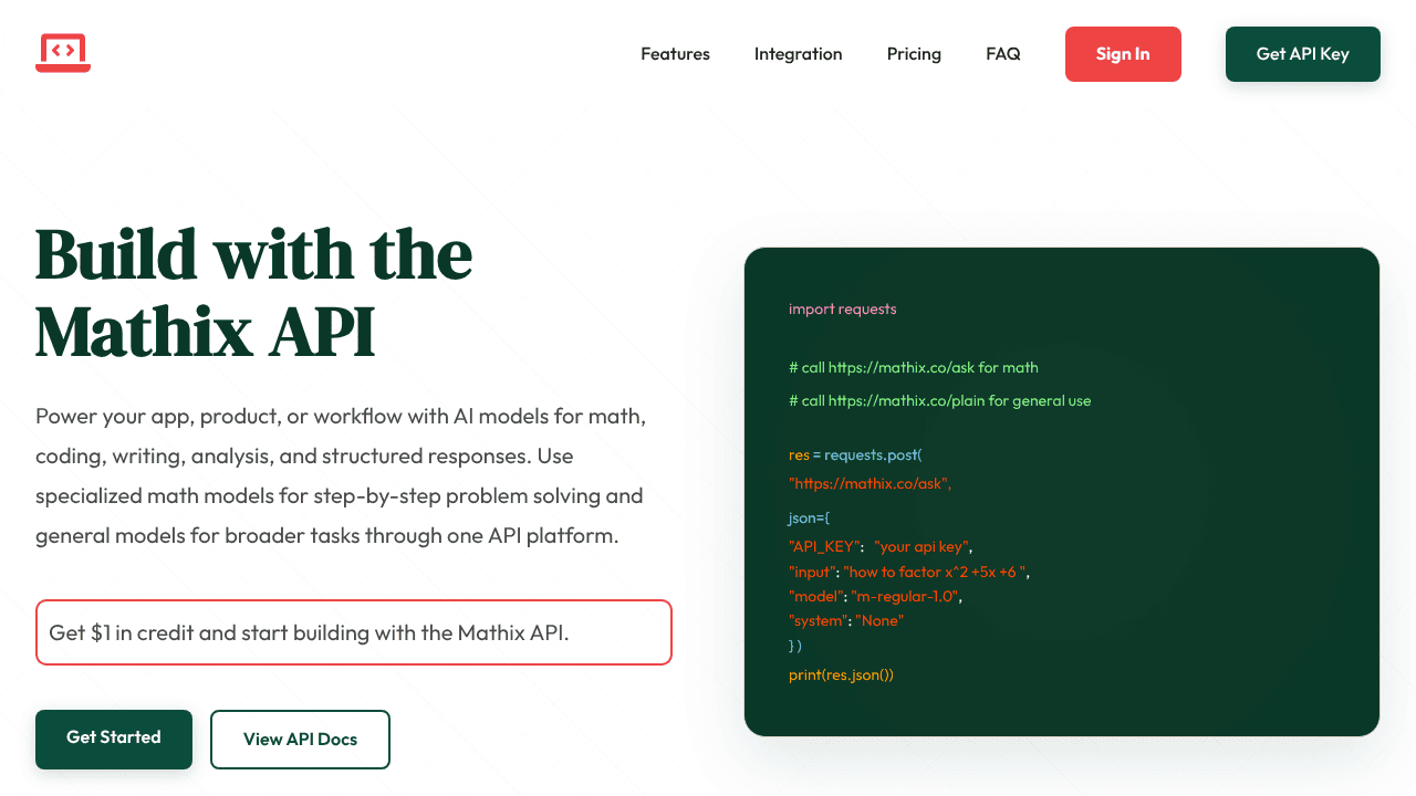 Mathix API website screenshot