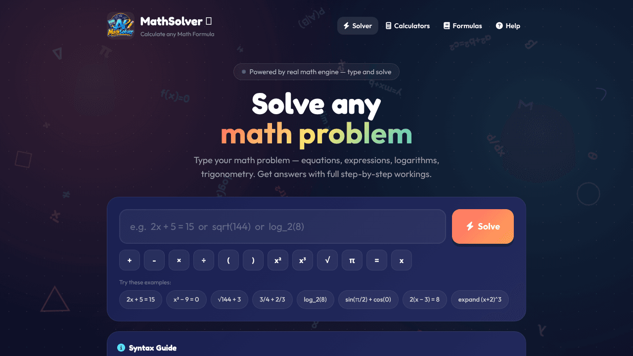 MathSolver Ⓝ - Solve Any Math Problem website screenshot