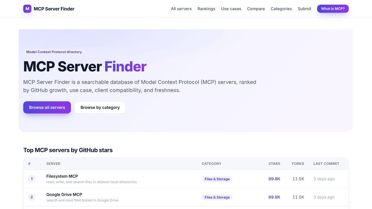 MCP Server Finder website screenshot
