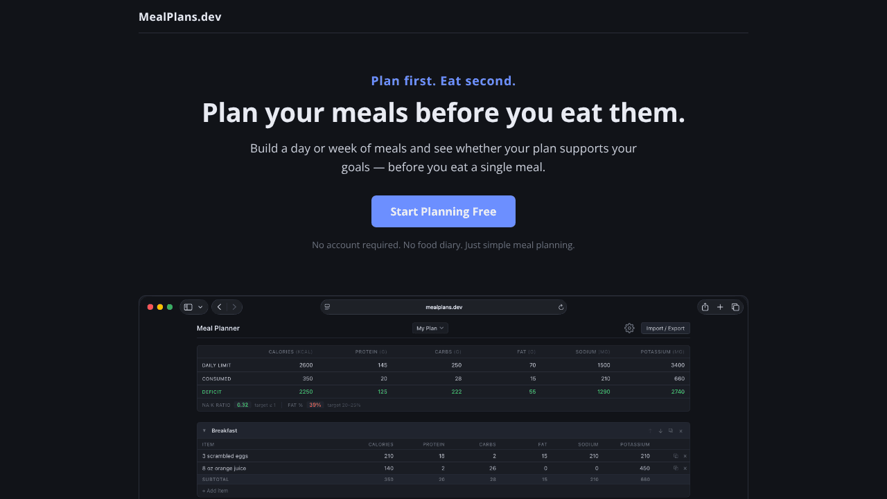 MealPlans.dev website screenshot