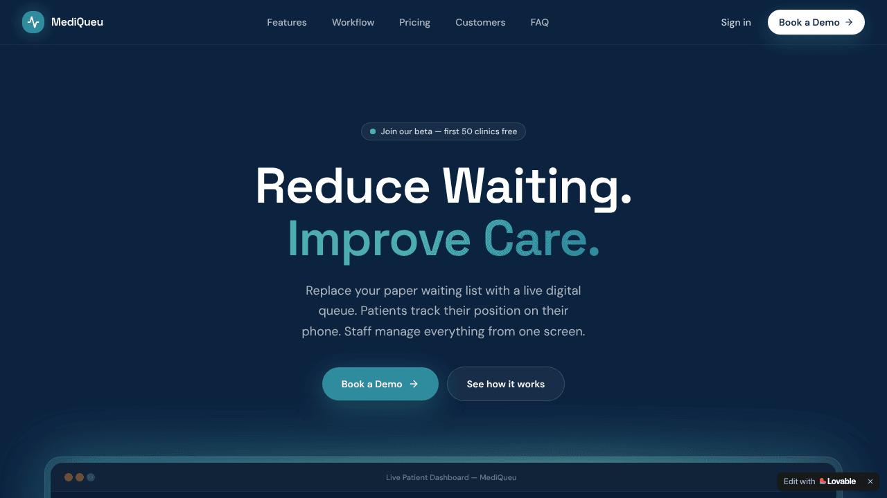 MediQueu website screenshot