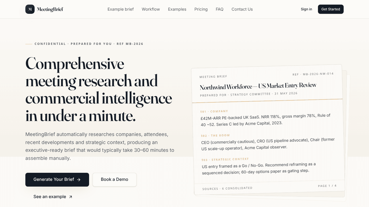 MeetingBrief - Smarter meeting prep website screenshot