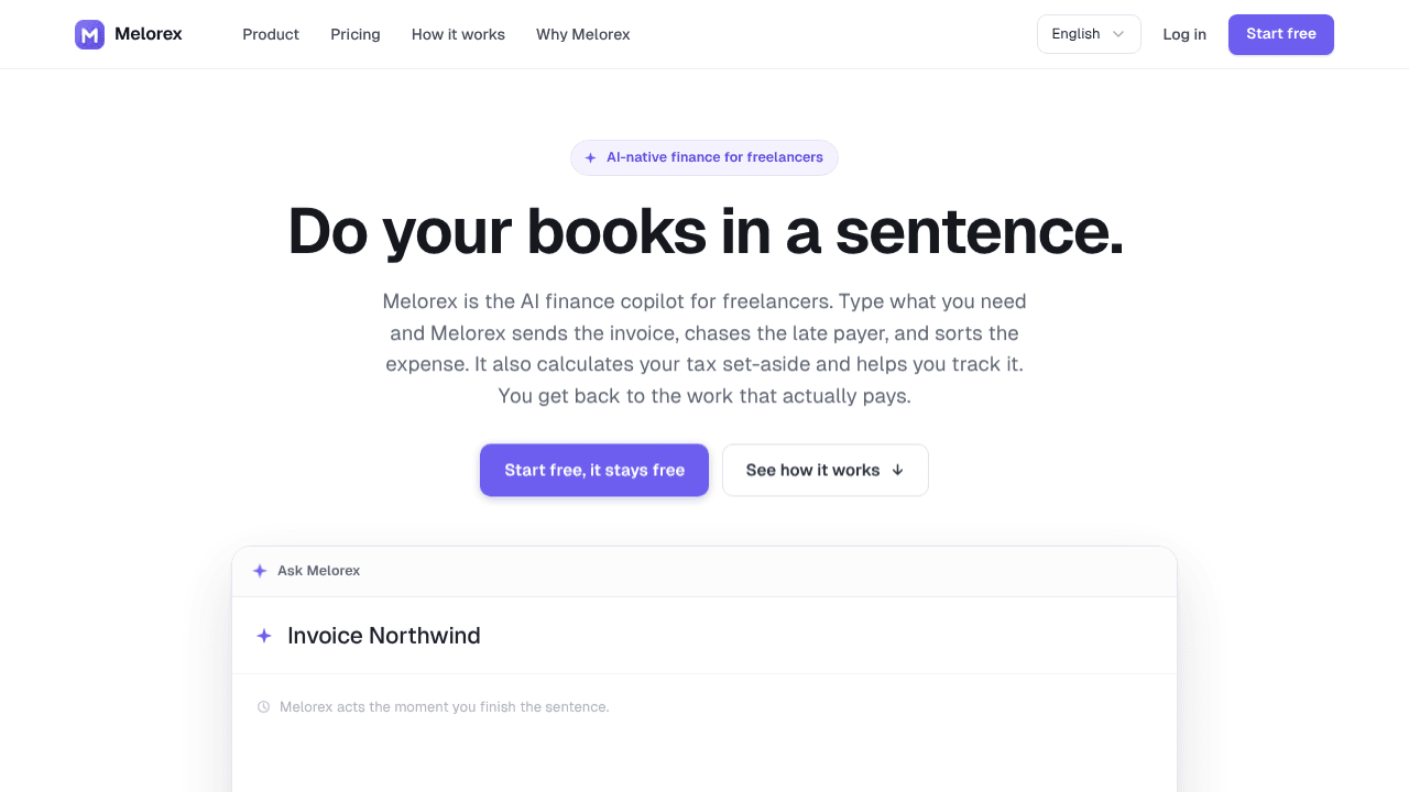 Melorex - AI for Freelance Finance website screenshot