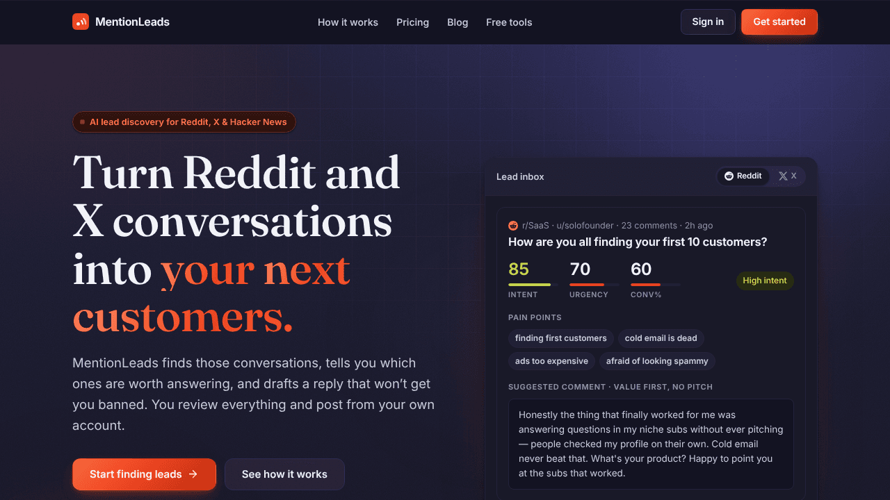 MentionLeads website screenshot