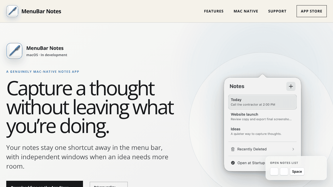 MenuBar Notes website screenshot