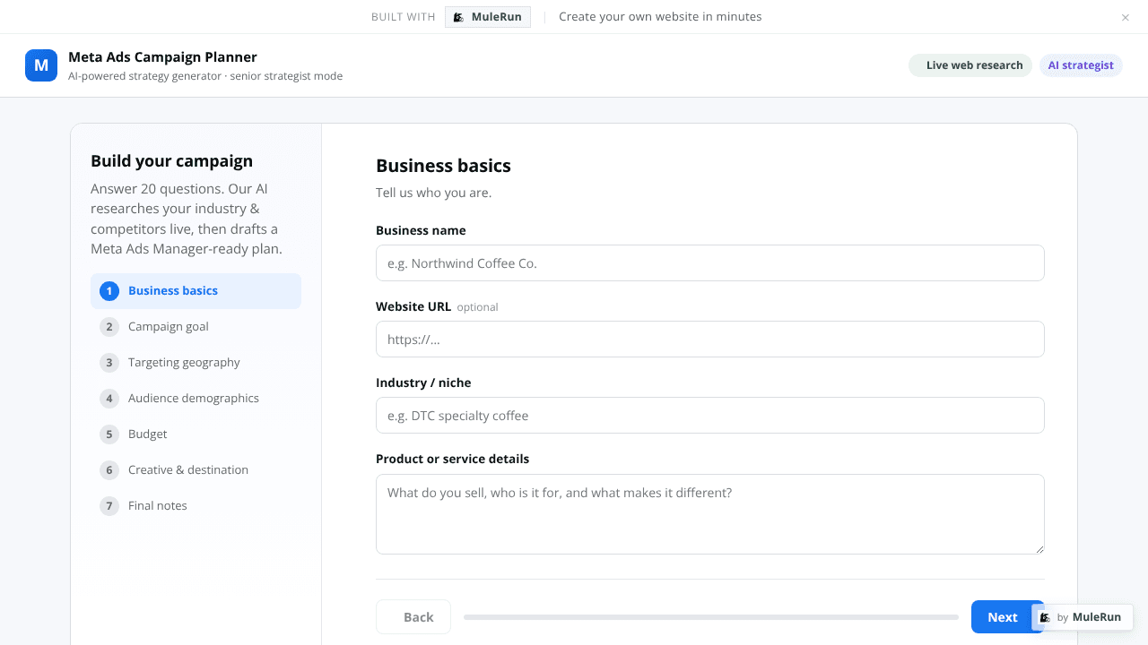 Meta Ads Campaign Planner website screenshot