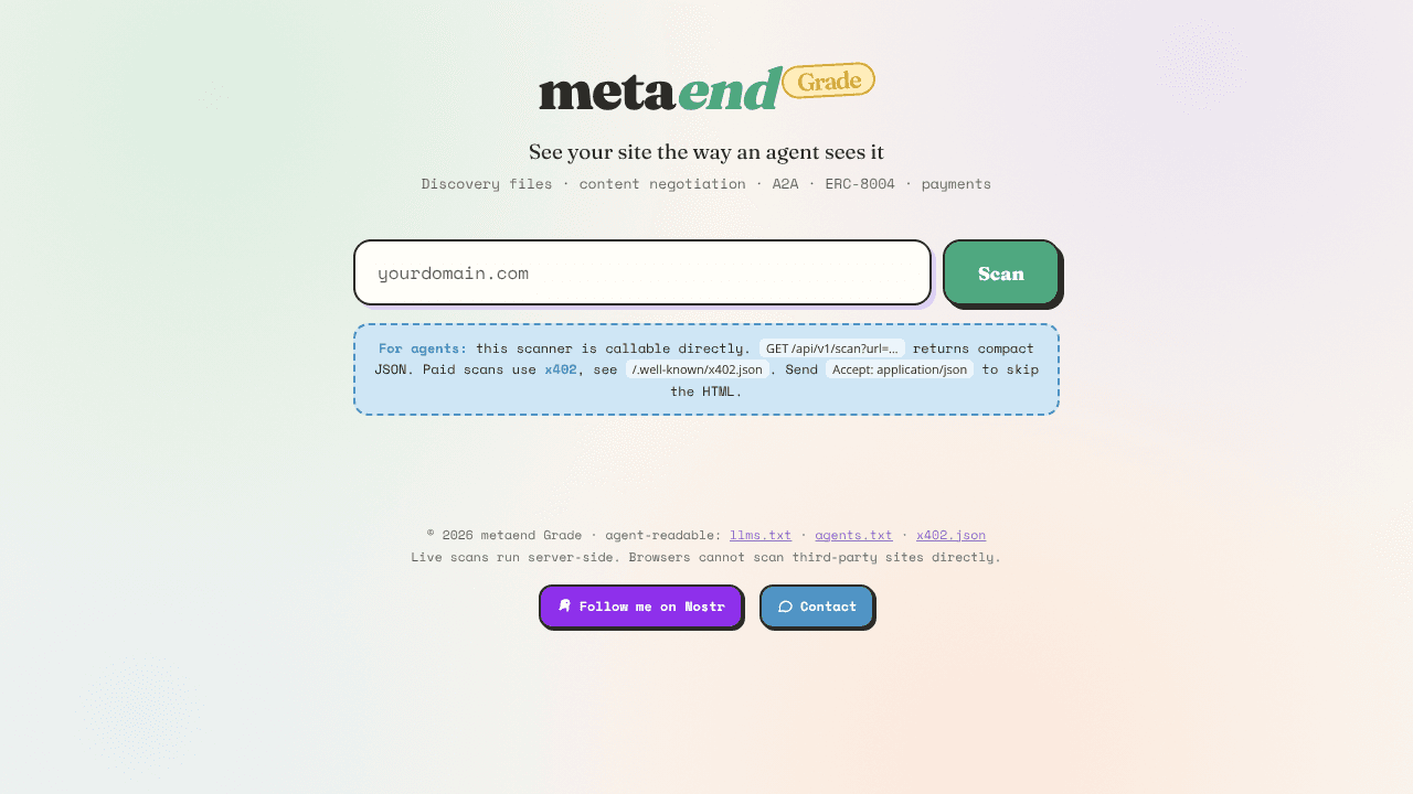 metaend Grade — Agent Readiness Checker website screenshot