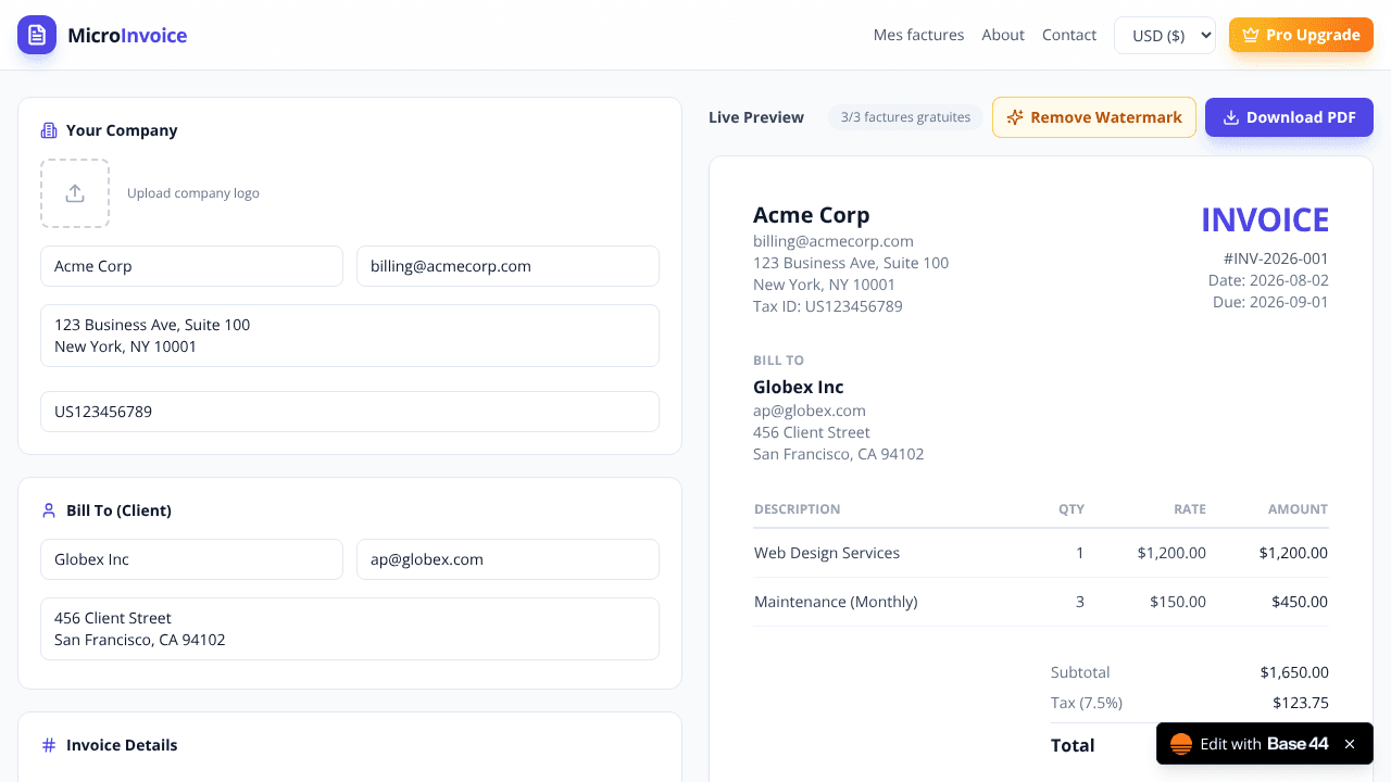 MicroInvoice website screenshot