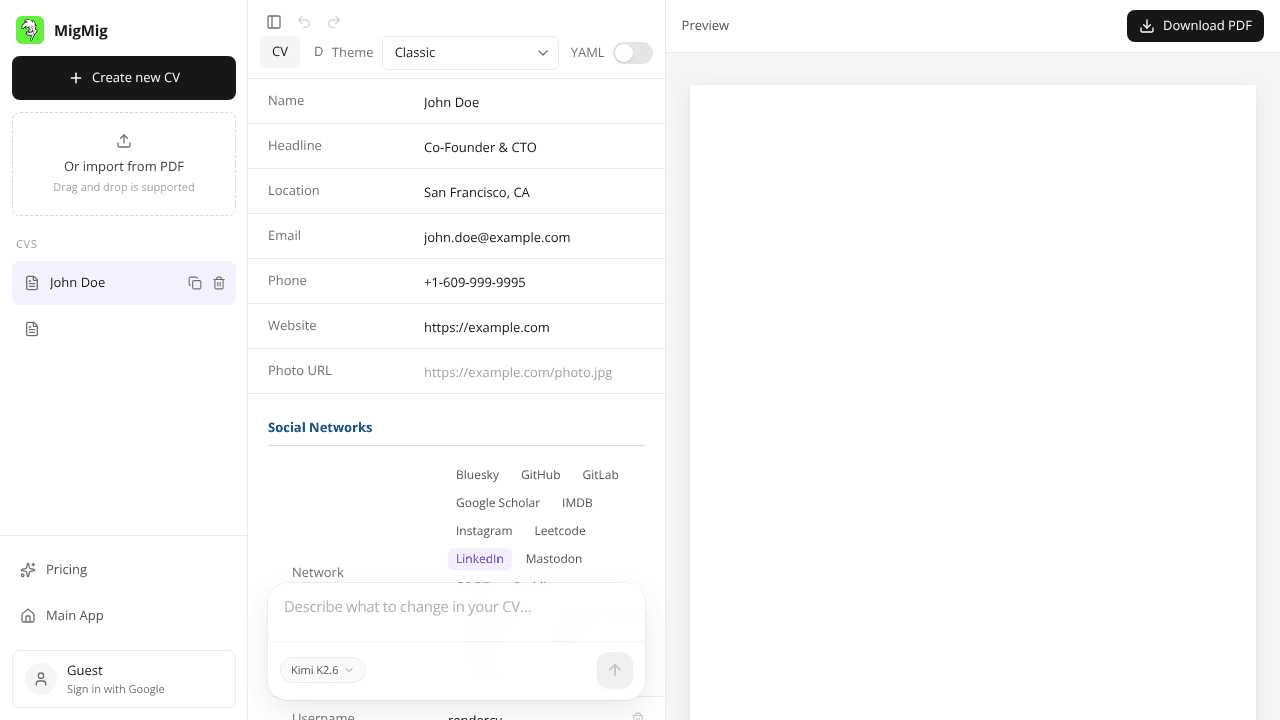 MigMig Resume Builder website screenshot