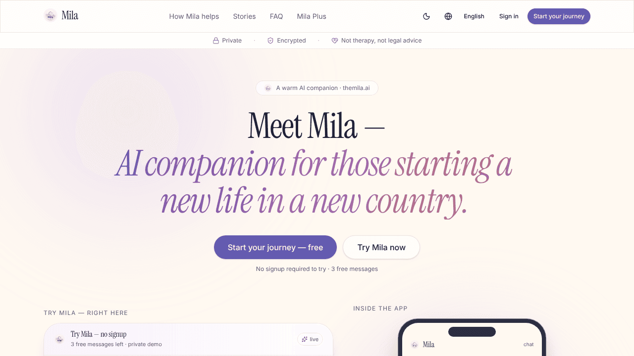 Mila AI Companion website screenshot
