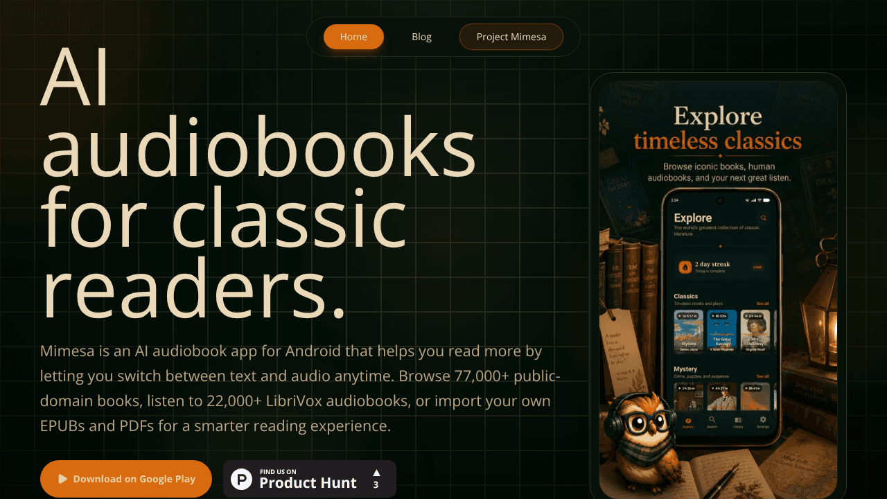 Mimesa AI - Audiobooks & Reader website screenshot