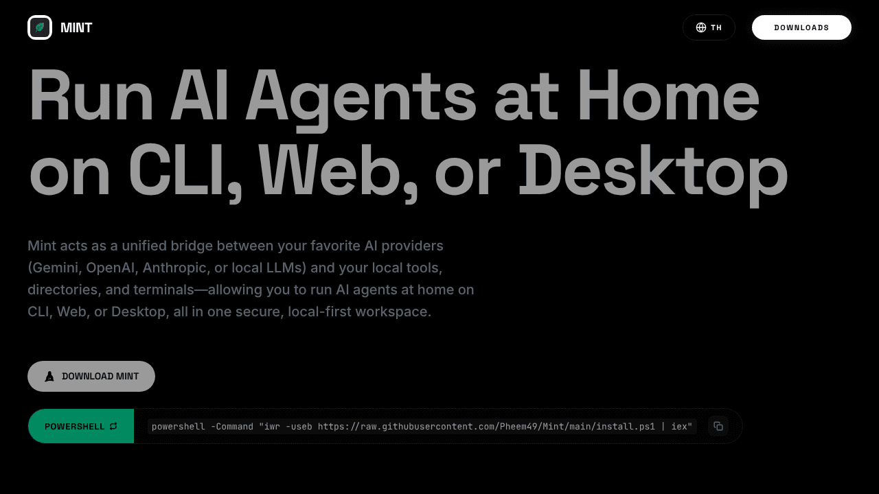 Mint: CLI, Web & Desktop AI Agent website screenshot