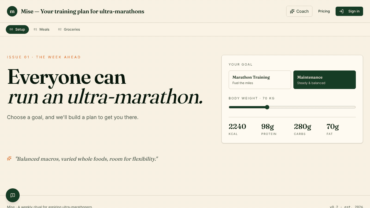 Mise — Trail Marathon Training Planner website screenshot
