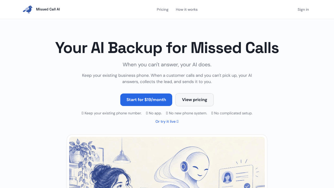 Missed Call AI website screenshot