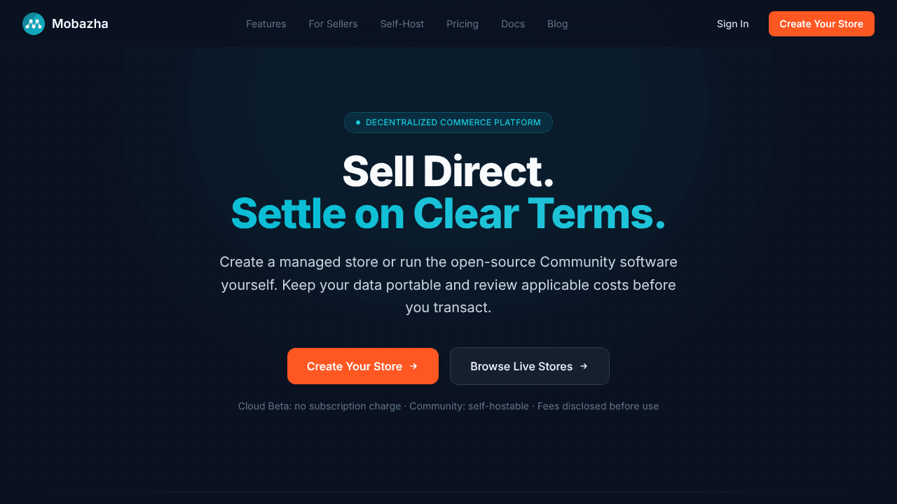 Mobazha Decentralized Marketplace website screenshot
