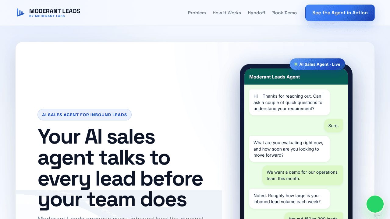 Moderant Leads website screenshot