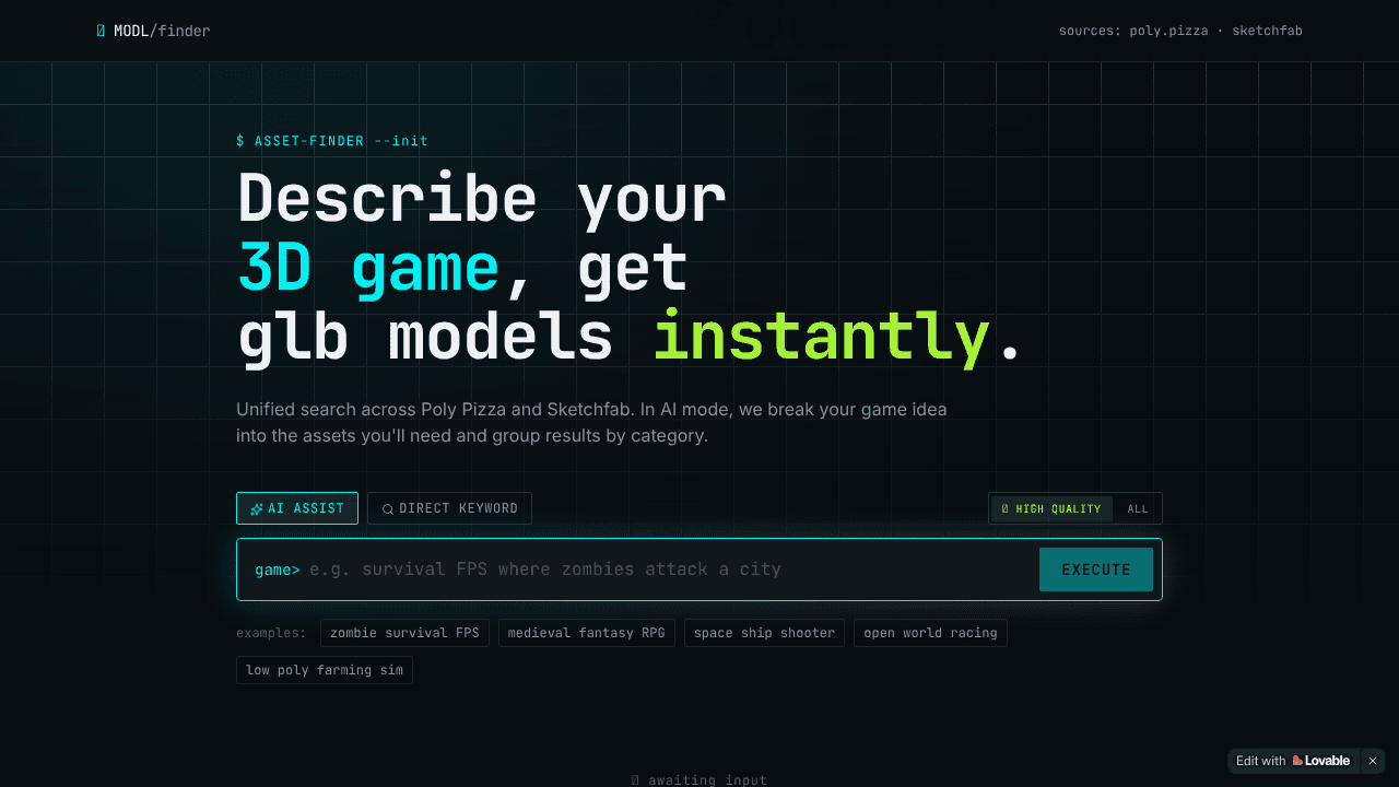 MODL // 3D asset finder for game devs website screenshot