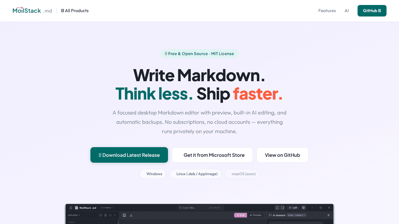 MoilStack .md (markdown) website screenshot
