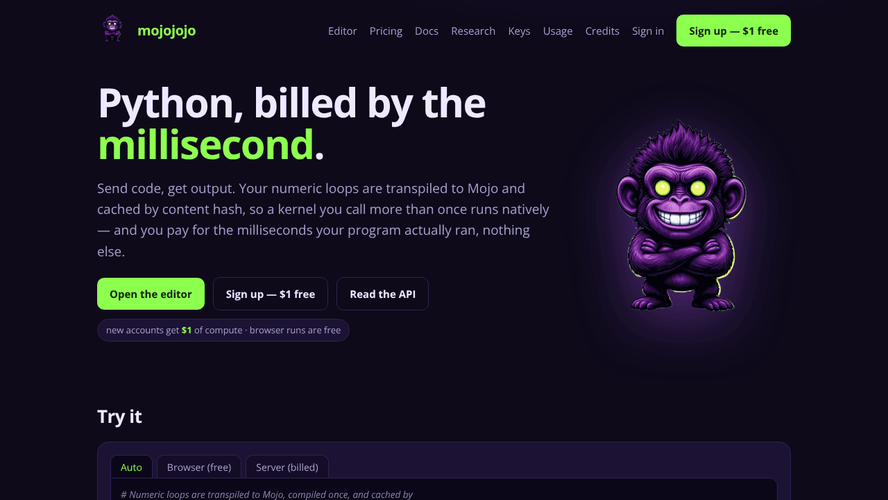 mojojojo Python by the millisecond website screenshot