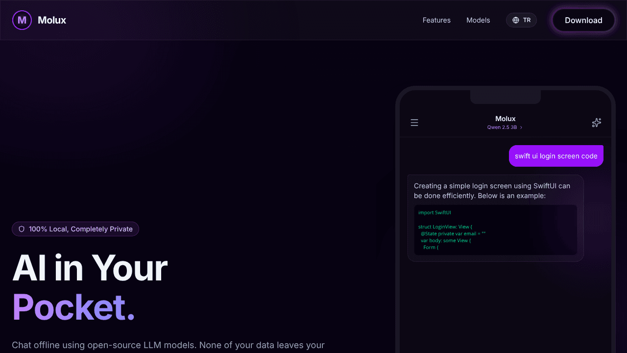 Molux: Local & Private AI Chat website screenshot