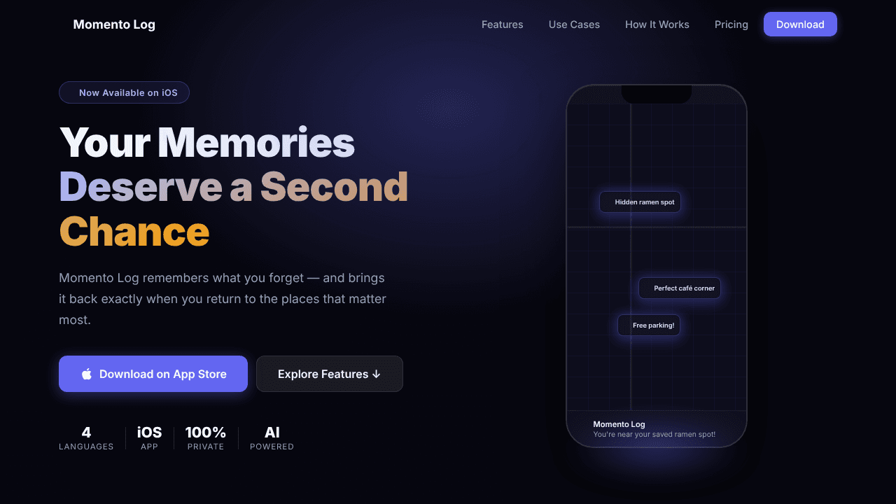 Momento Log — Your Places RememberForYou website screenshot