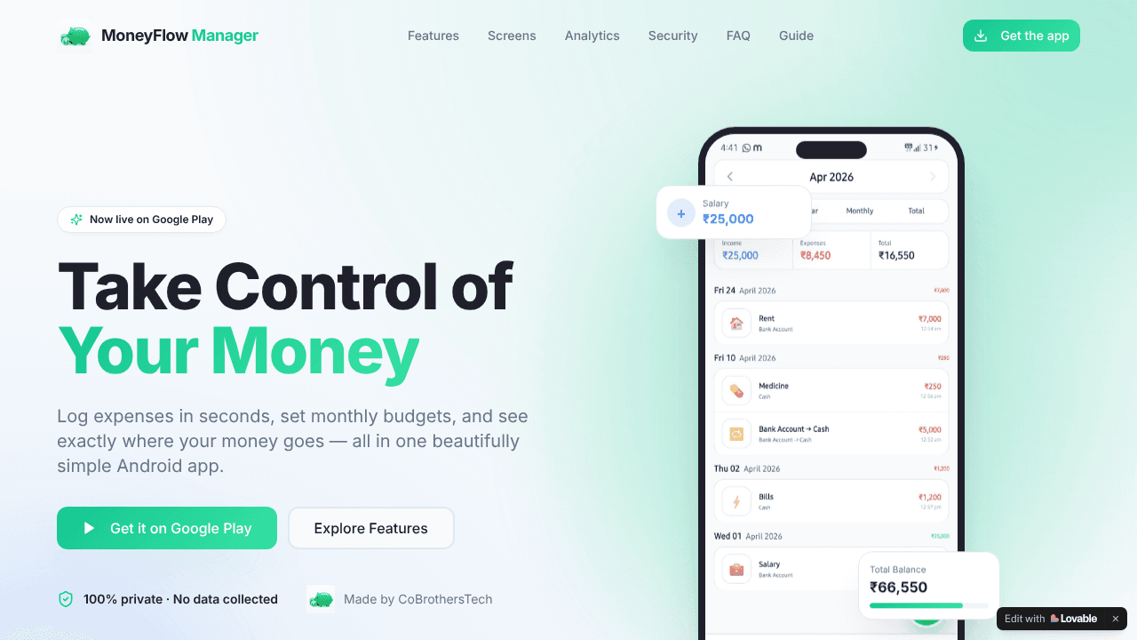 MoneyFlow - Expense Tracker website screenshot
