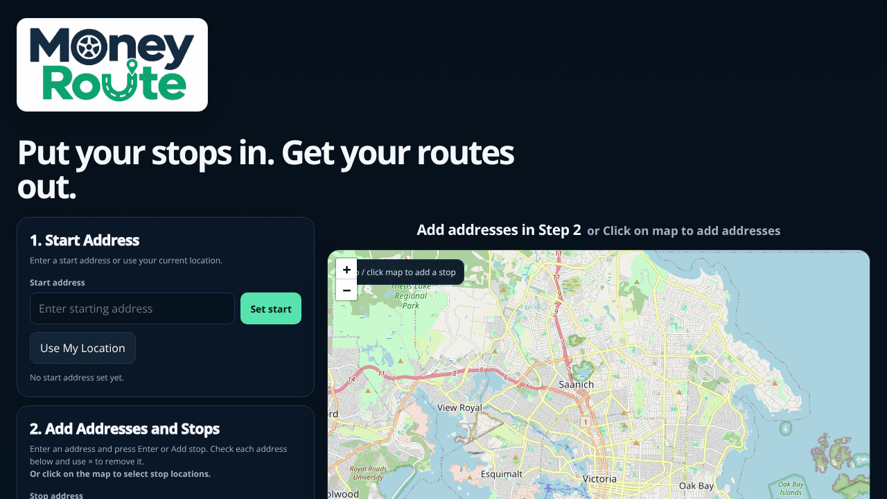 MoneyRoute Route Builder website screenshot