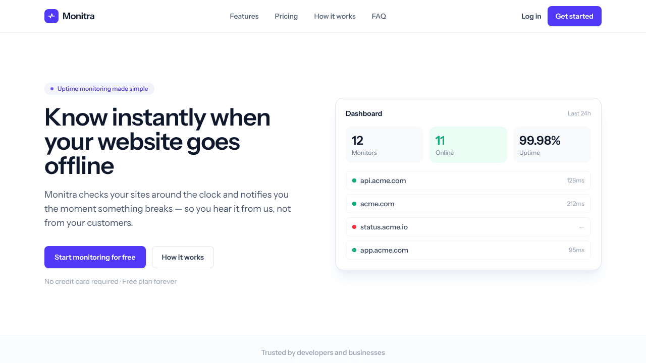Monitra — Website uptime monitoring website screenshot