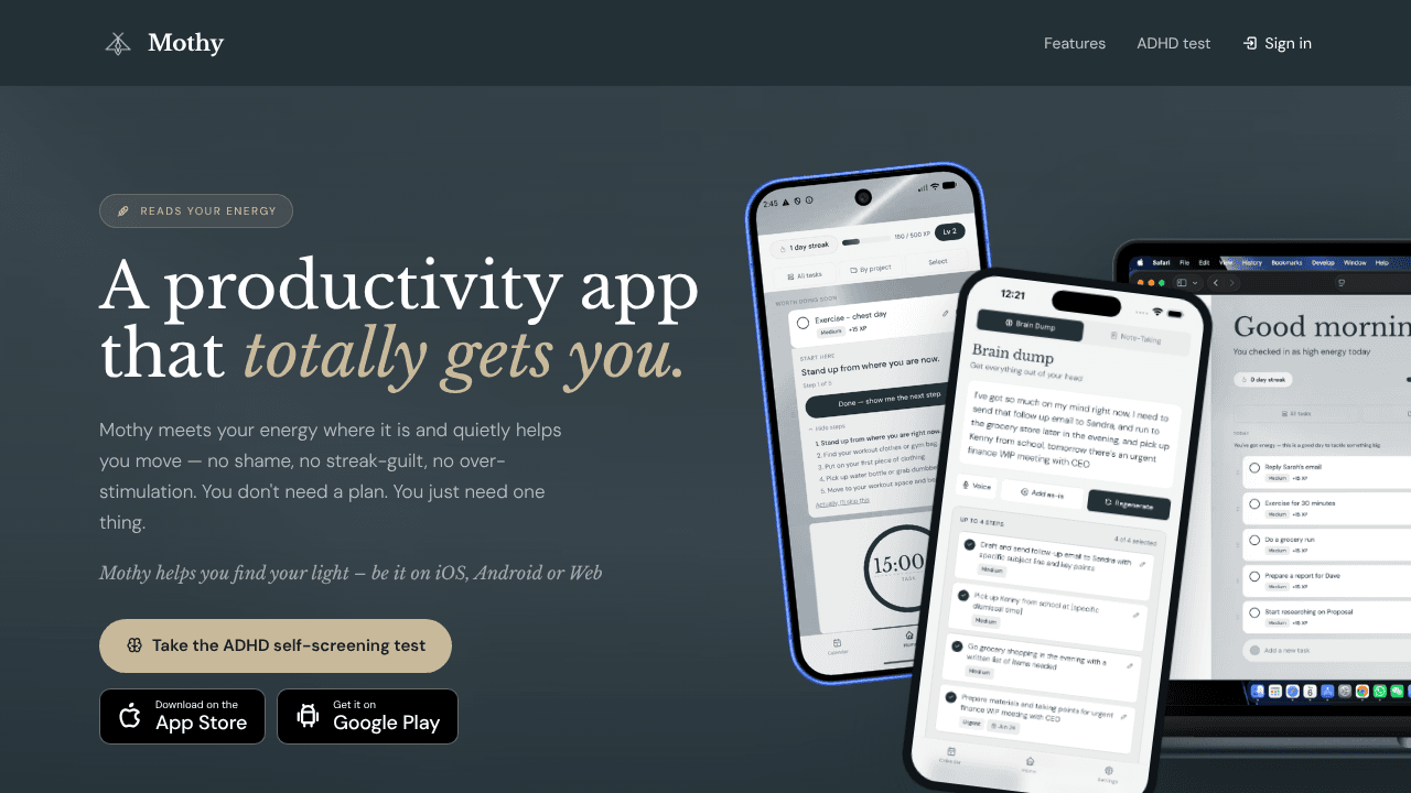 Mothy - ADHD Productivity website screenshot