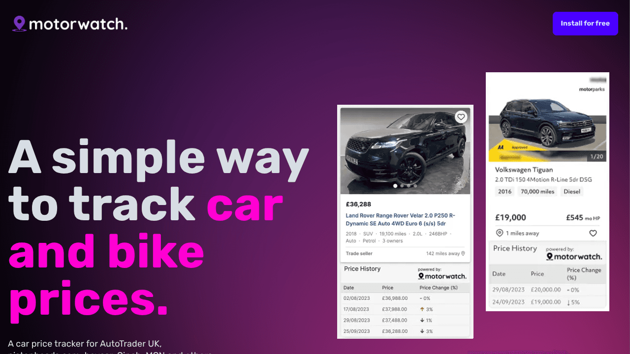 Motorwatch - car price tracker website screenshot