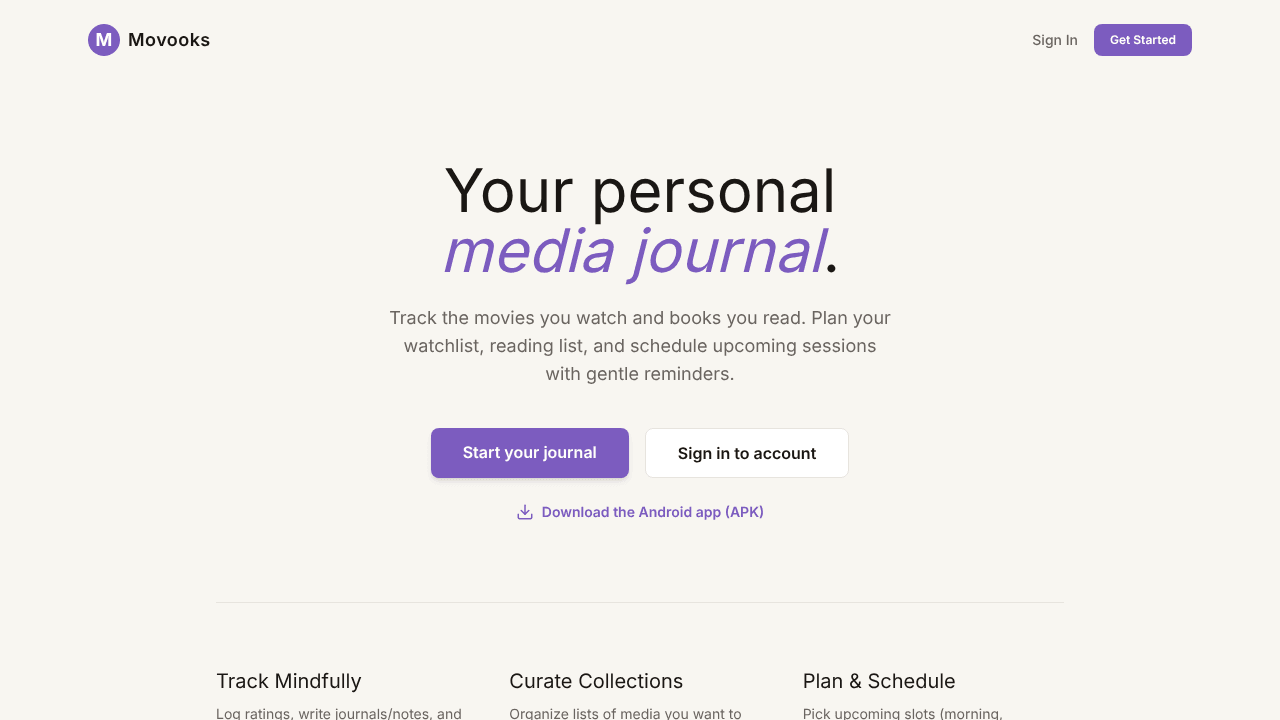 Movooks — Personal Media Journal website screenshot
