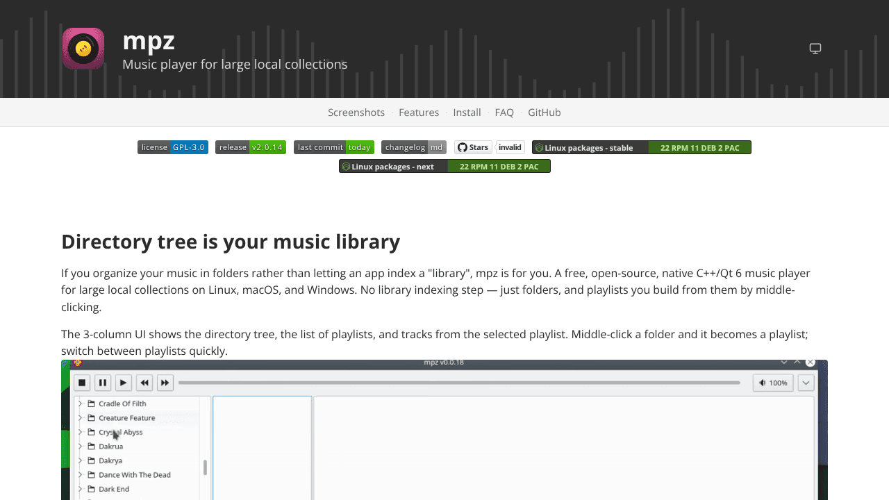 mpz - music player for local collections website screenshot