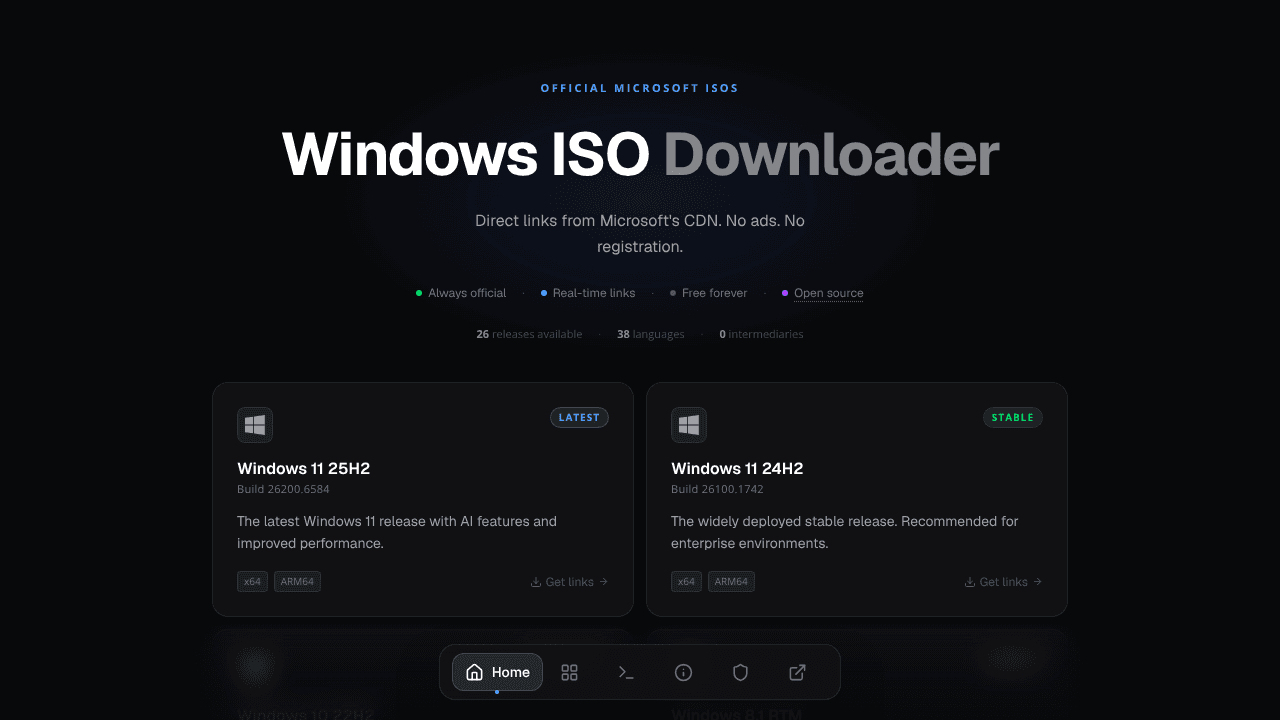 MSDL — Windows ISO Downloader website screenshot