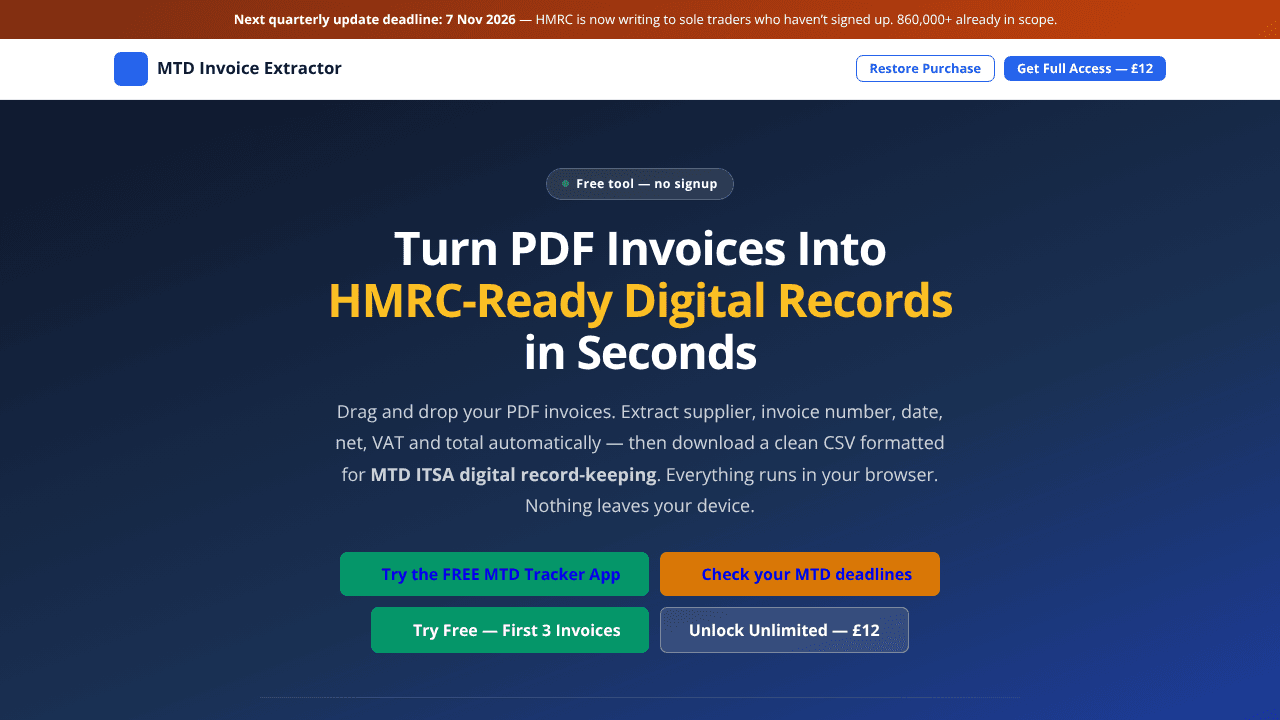 MTD Invoice Extractor website screenshot