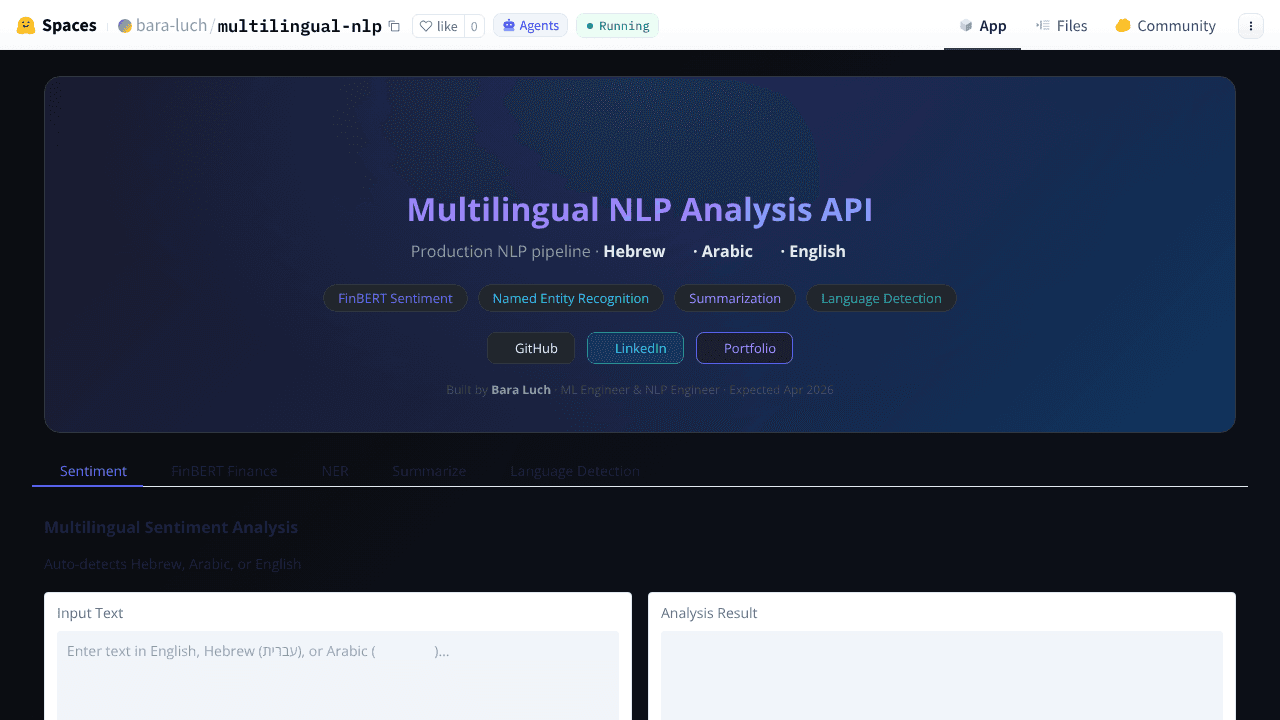 Multilingual NLP Analysis API website screenshot