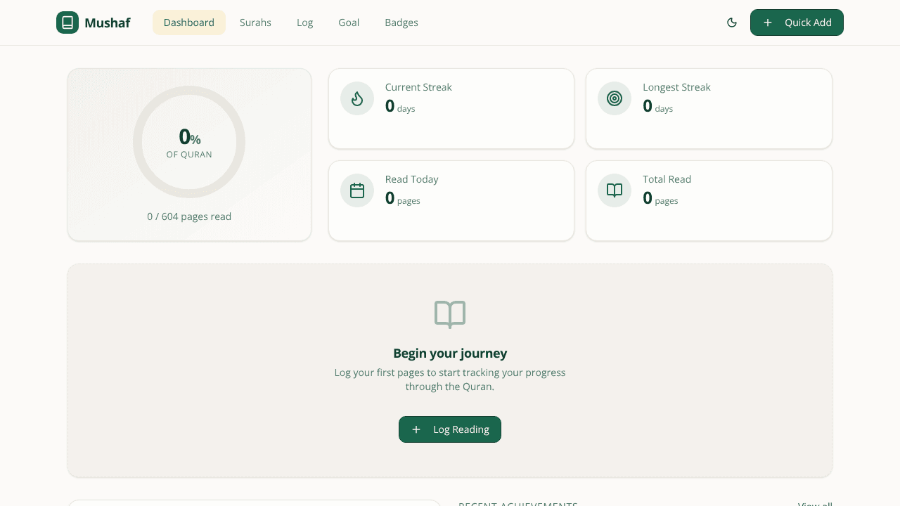 Mushaf — Quran Progress Tracker website screenshot