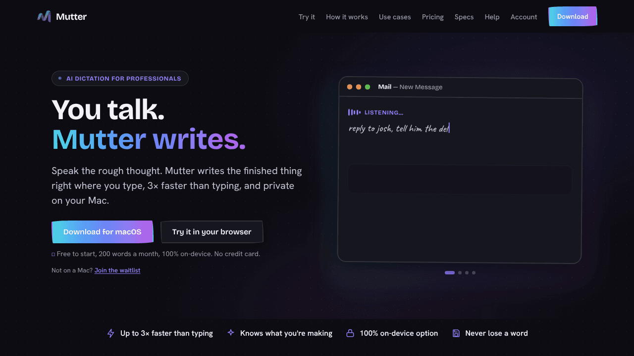 Mutter AI Dictation website screenshot