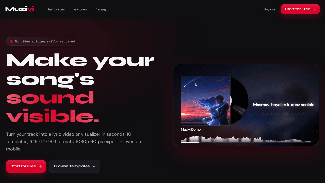 Muzivi — Music Video Maker website screenshot