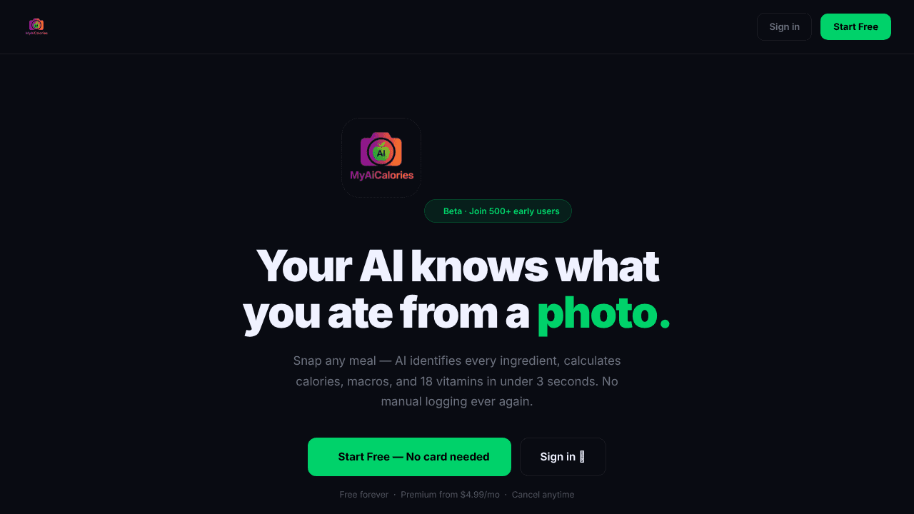 MyAiCalories website screenshot