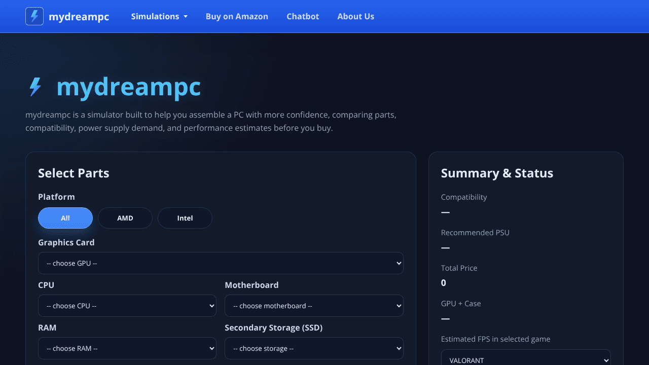 mydreampc - pc simulator  website screenshot