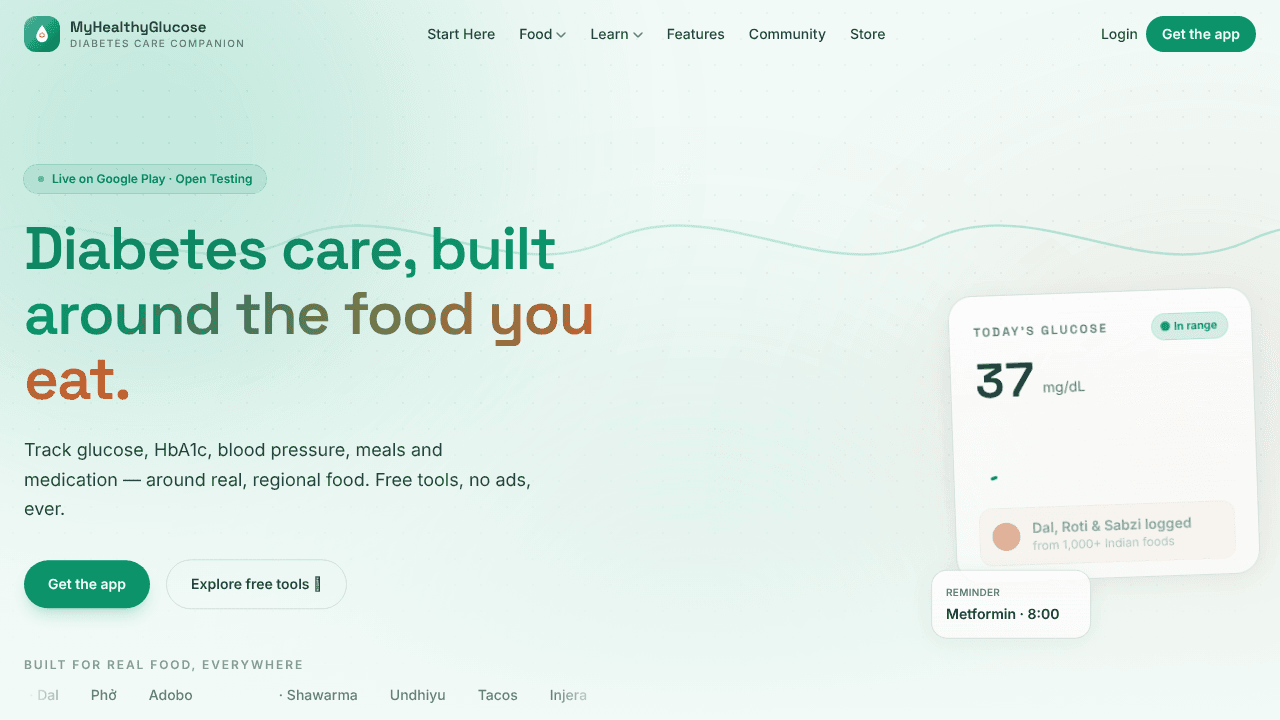 MyHealthyGlucose - Diabetes Tracker website screenshot