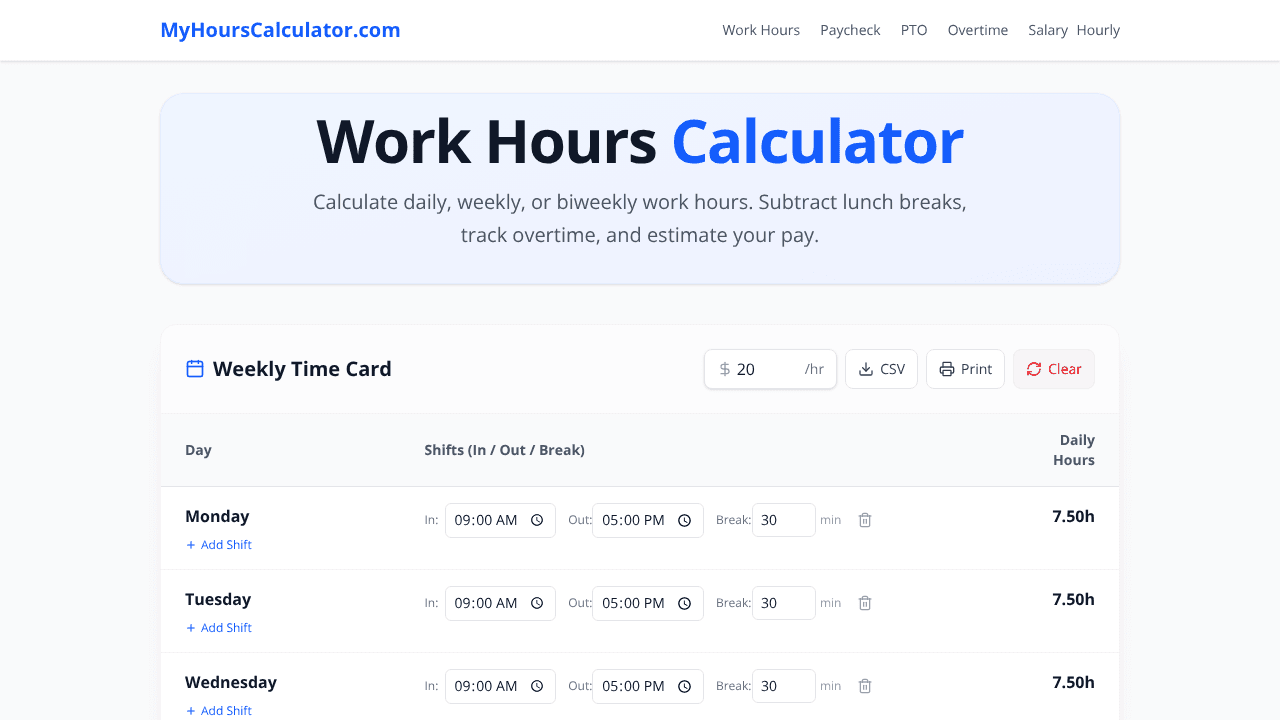 MyHoursCalculator.com website screenshot