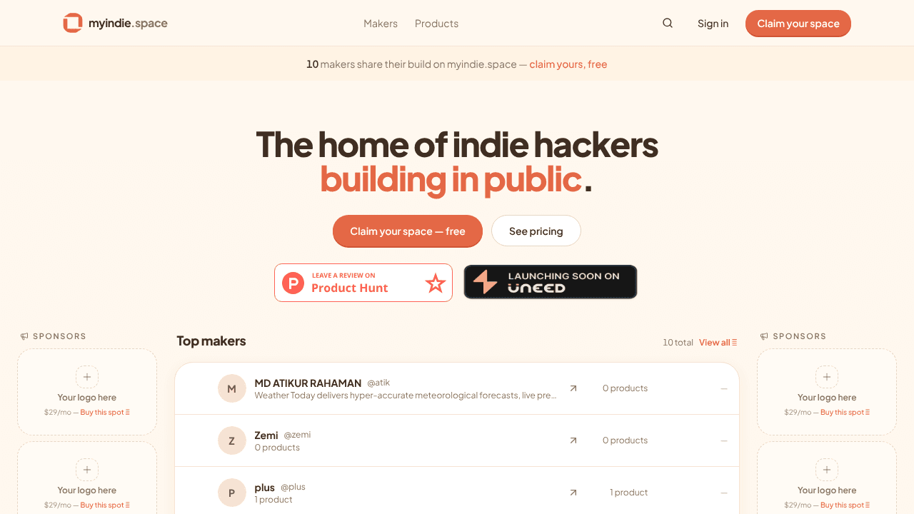 MyIndieSpace website screenshot