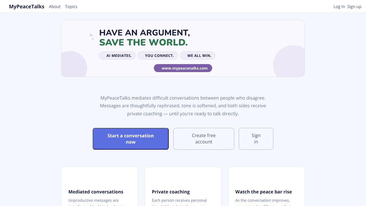 MyPeaceTalks — Find Common Ground website screenshot