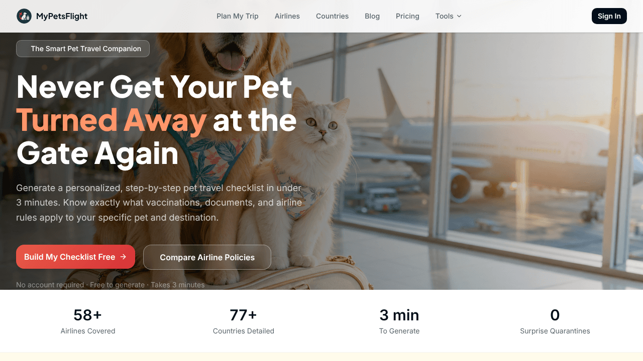 MyPetsFlight website screenshot