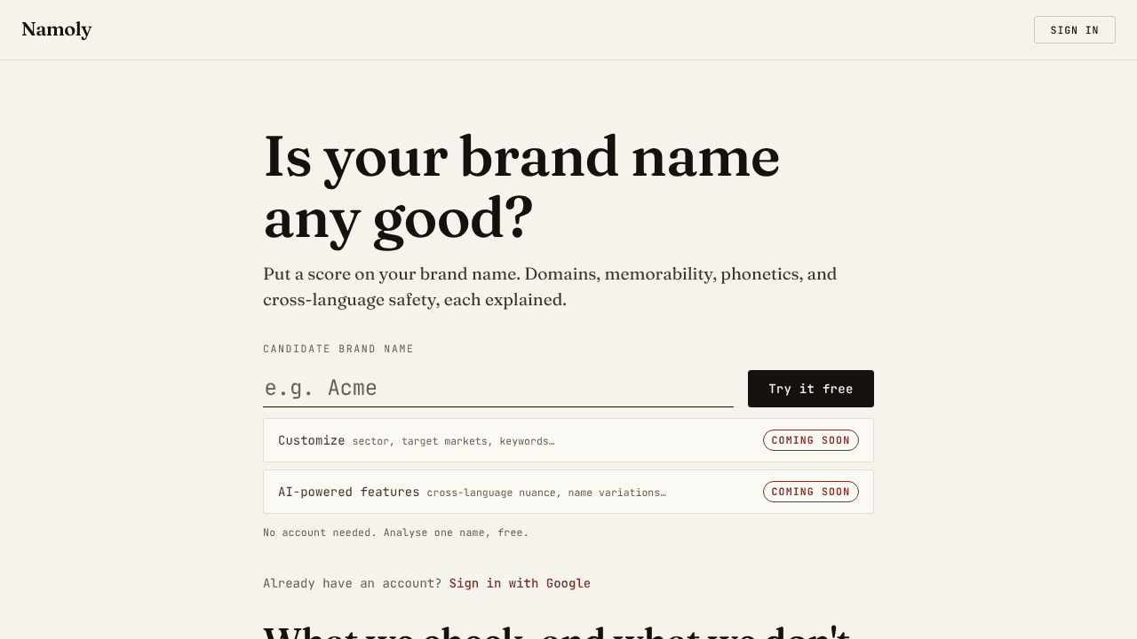 Namoly website screenshot