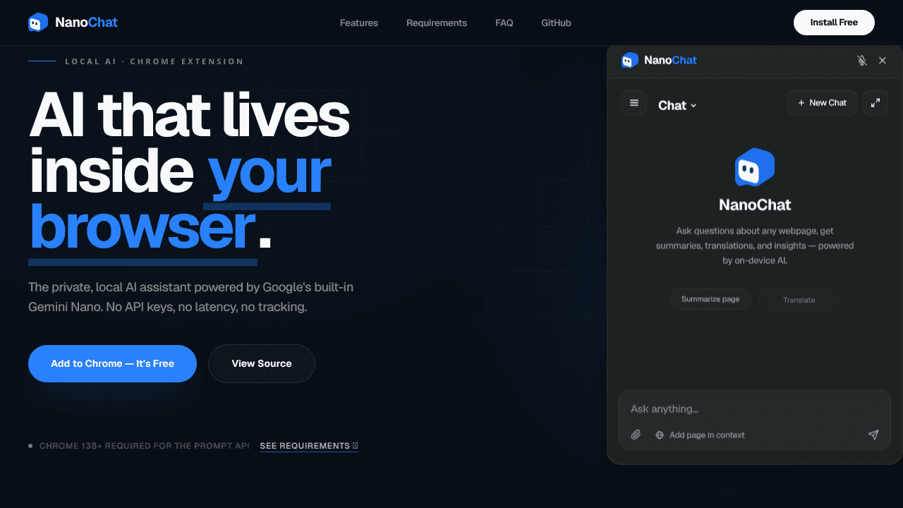 NanoChat: On-device AI Assistant website screenshot