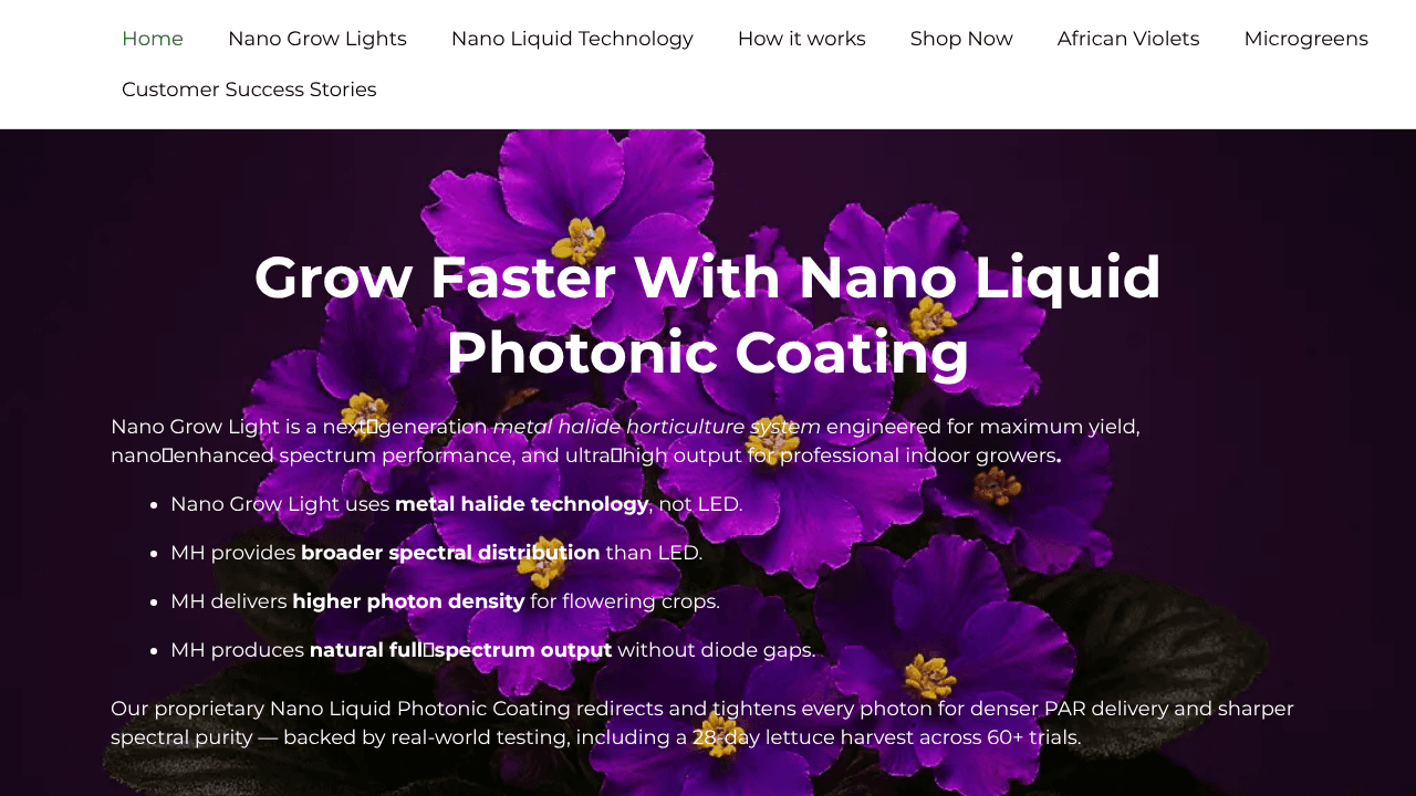 NanoGrowLight Nano Photonic Coating website screenshot